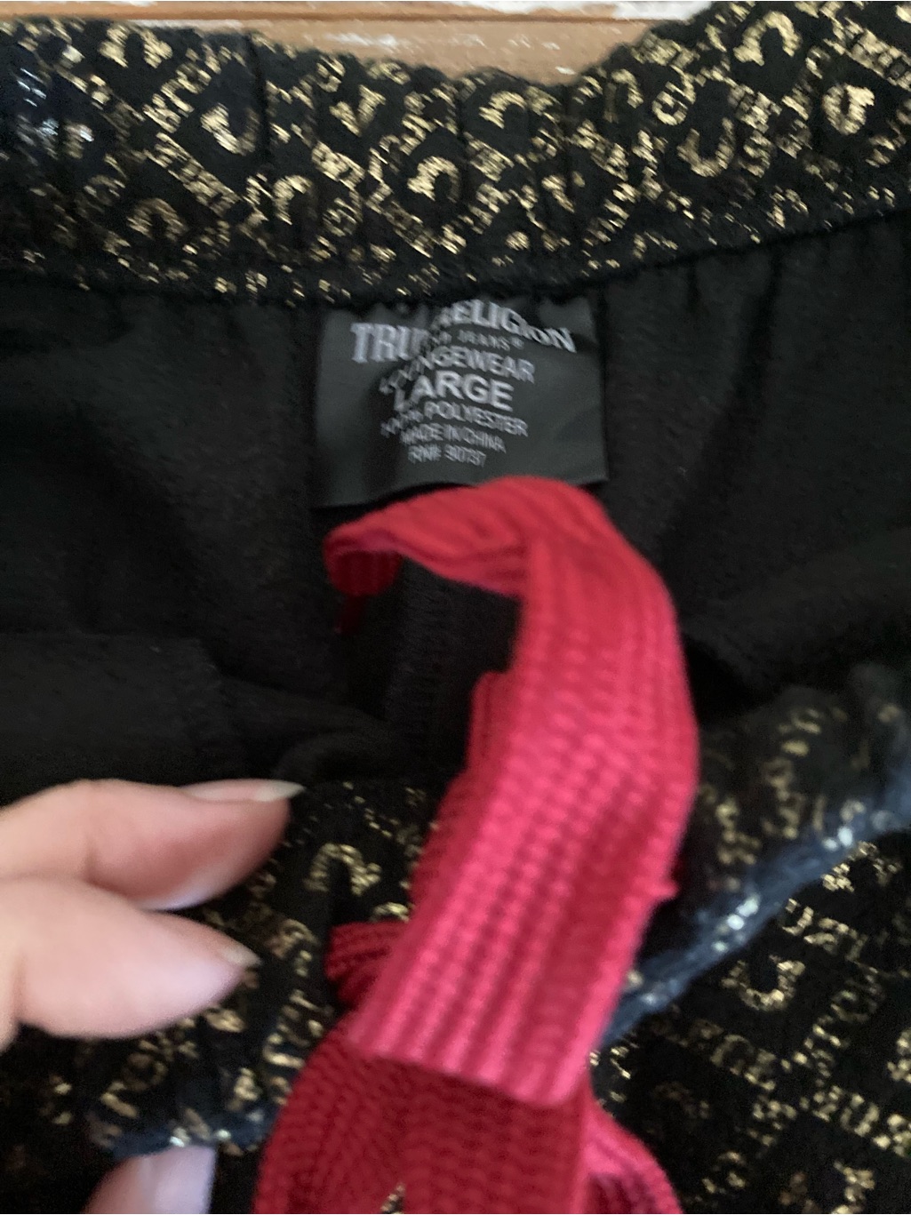 True Religion Black Joggers With Gold Logo Print And Red Drawstring